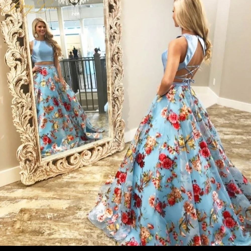 Berylove 2019 Long Blue Floral Print Two Pieces